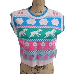Luna Ivy Colorful Patterned Strawberry Dog Cherry Flower Knit Sweater Vest Small